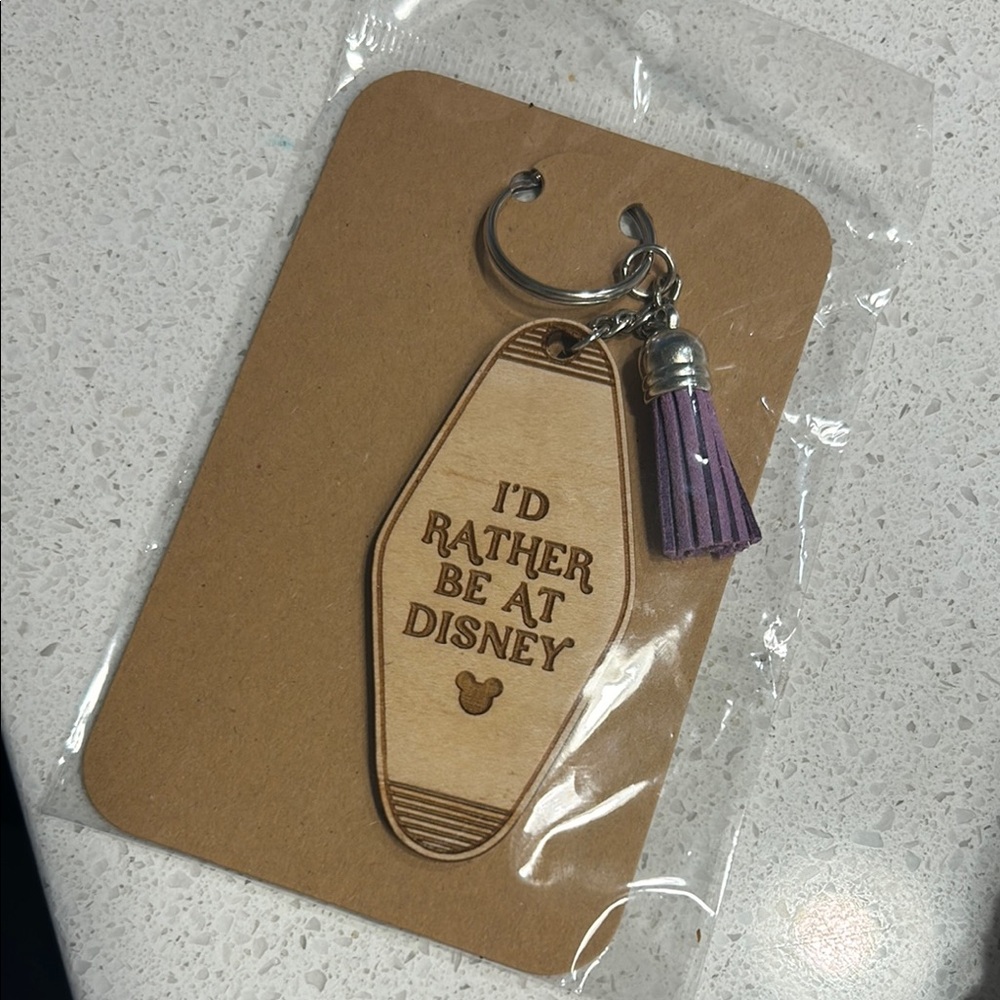 DISNEY Purple Tassel Keychain with Wooden Disney Charm